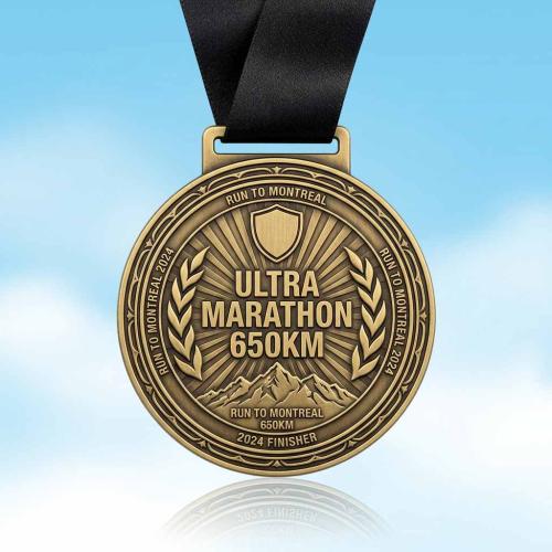 Custom Antique Gold Metal Ultra Marathon Finisher Medal — 650km Run to Montreal 2024 Commemorative Award Medal with Black Satin Ribbon