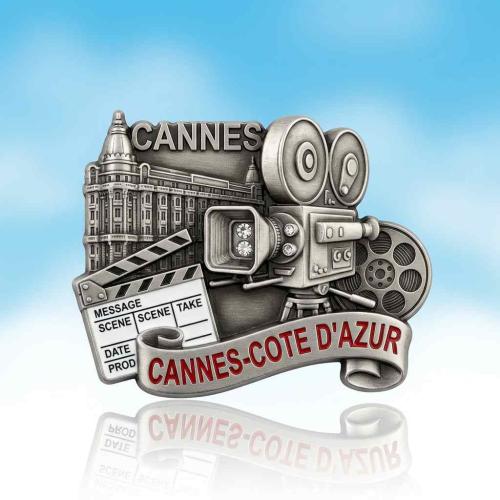 Vintage Cannes Film Festival Enamel Fridge Magnet — Antique Silver Zinc Alloy Magnet with Carlton Hotel & Movie Camera Embossed Design, French Riviera Travel Souvenir