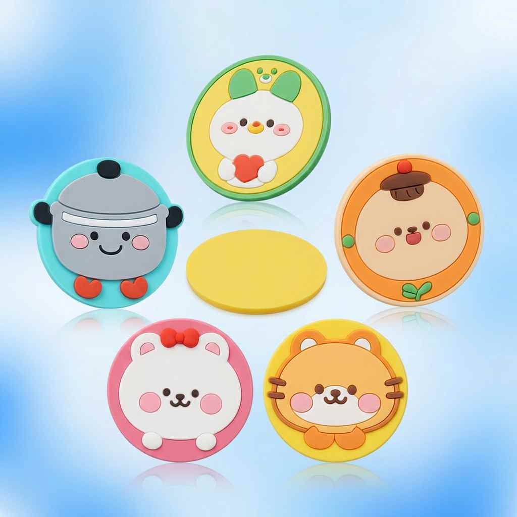 Wholesale Cartoon Silicone Coaster Set — 6 Pcs Cute Embossed Character Drink Coasters, Heat-Resistant Non-Slip Silicone Coasters, Custom Logo Available for Home, Bar & Promotional Gifts