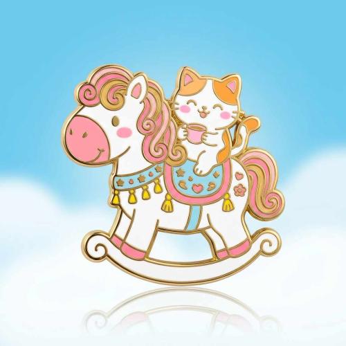 Cat on Rocking Horse Enamel Fridge Magnet — Kawaii Pink Gold Enamel Magnet with Calico Cat Riding a Smiling Rocking Horse, Sweet Pastel Decorative Magnet for Home Kitchen Refrigerator, Cat Lover Gift