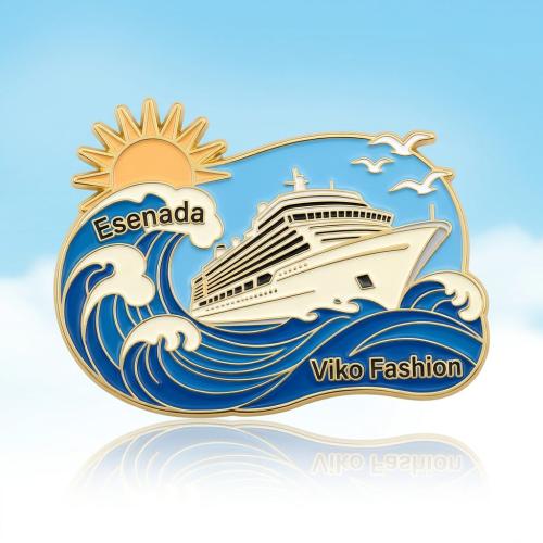 Custom Enamel Metal Cruise Ship Refrigerator Magnet — Gold-Plated Souvenir Magnet with Ocean Wave Design, Magnetic Backing for Fridge Decoration, Travel Gift