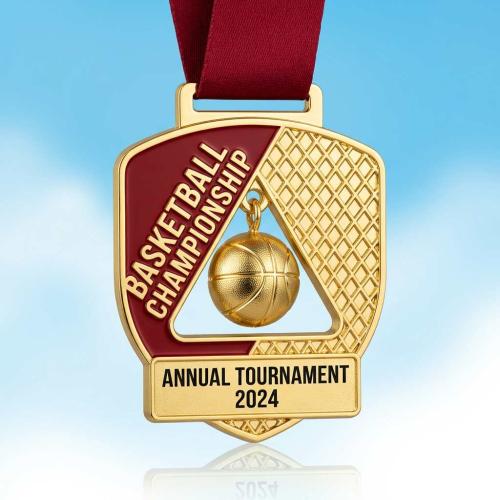 Custom Gold Basketball Championship Enamel Metal Medal with Red Ribbon — 3D Hanging Ball Pendant & Engravable Nameplate for Sports Awards, Tournament Prizes & Commemorative Gifts