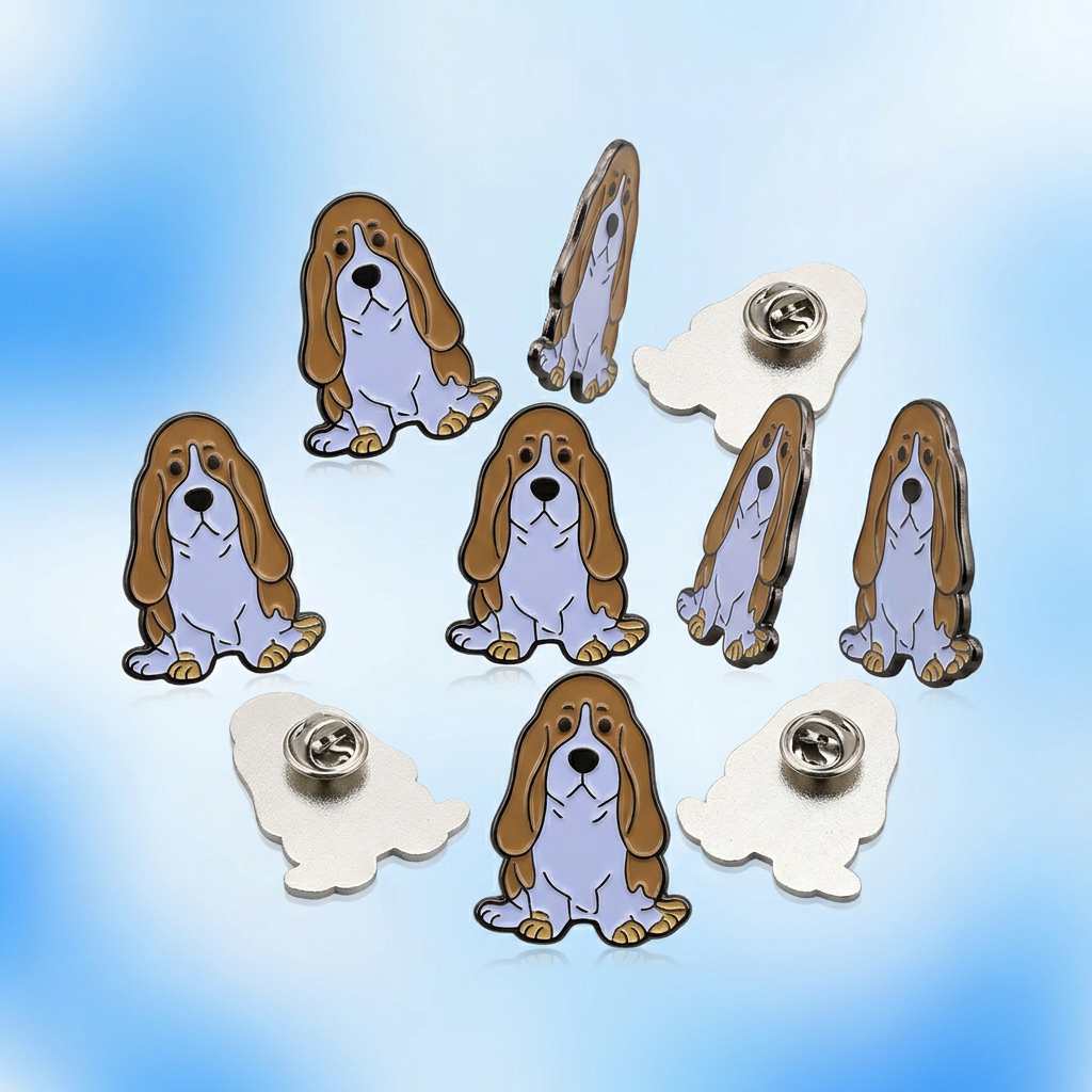 Wholesale Custom Enamel Lapel Pin — Cute Cartoon Basset Hound Dog Brooch with Long Floppy Ears, Purple & Brown Soft Enamel, Black Metal Outline, Butterfly Clutch Backing for Fashion Accessory & Pet Lo