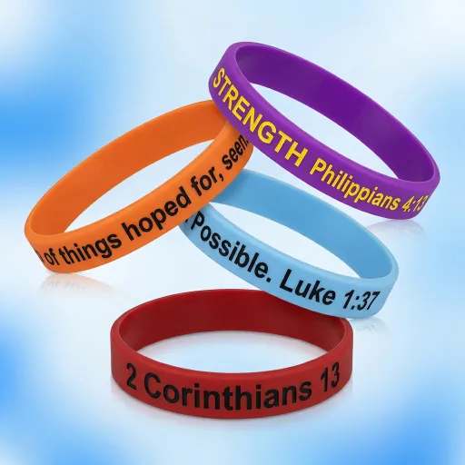 Custom Bible Verse Silicone Wristband Set — 4 Inspirational Scripture Wristbands (Philippians 4:13, Hebrews 11:1, Luke 1:37, 2 Corinthians 13) — Purple, Orange, Light Blue & Red Faith-Based Silicone B