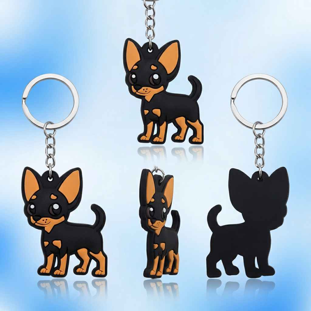 Wholesale Cartoon Chihuahua / Miniature Pinscher PVC Soft Rubber Keychain — Cute Smiling Dog Key Ring with Tan Accents, Embossed Design for Dog Lovers Gifts, Bag Charms & Brand Merchandise