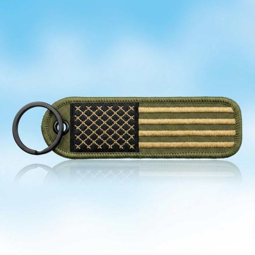 Custom Embroidered Fabric Tactical US Flag Keychain — Subdued Olive & Khaki Military Design, Low-Visibility American Flag Patch Key Ring with Black Split Ring for Outdoor Tactical Gear, EDC Accessorie