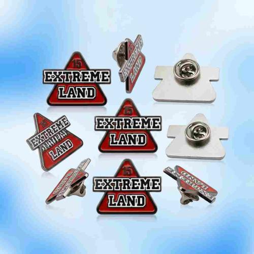 Wholesale Custom Extreme Sport Enamel Lapel Pin — Extreme Land 15 Warning Triangle Shape, Red Enamel Fill, Black Outline, White Text 