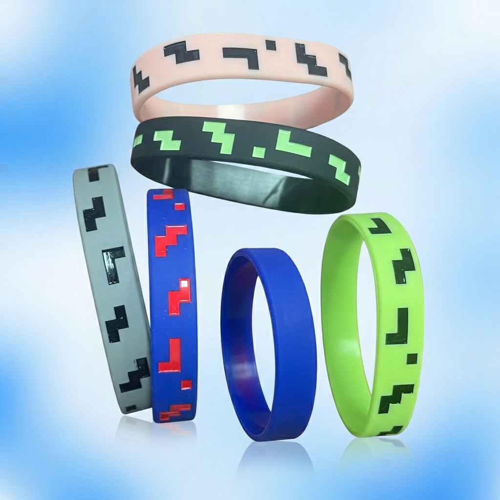 Wholesale Custom Minecraft Pixel Silicone Bracelet — 6-Color Creeper Pattern Rubber Wristband for Gamers, Street Fashion & Brand Promotions