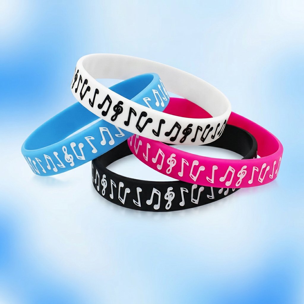 Wholesale Custom Music Note Silicone Wristband — 4-Color Embossed Music Motif Pattern Bracelet for Musicians, Band Merch, Festival Giveaways & Music Lovers