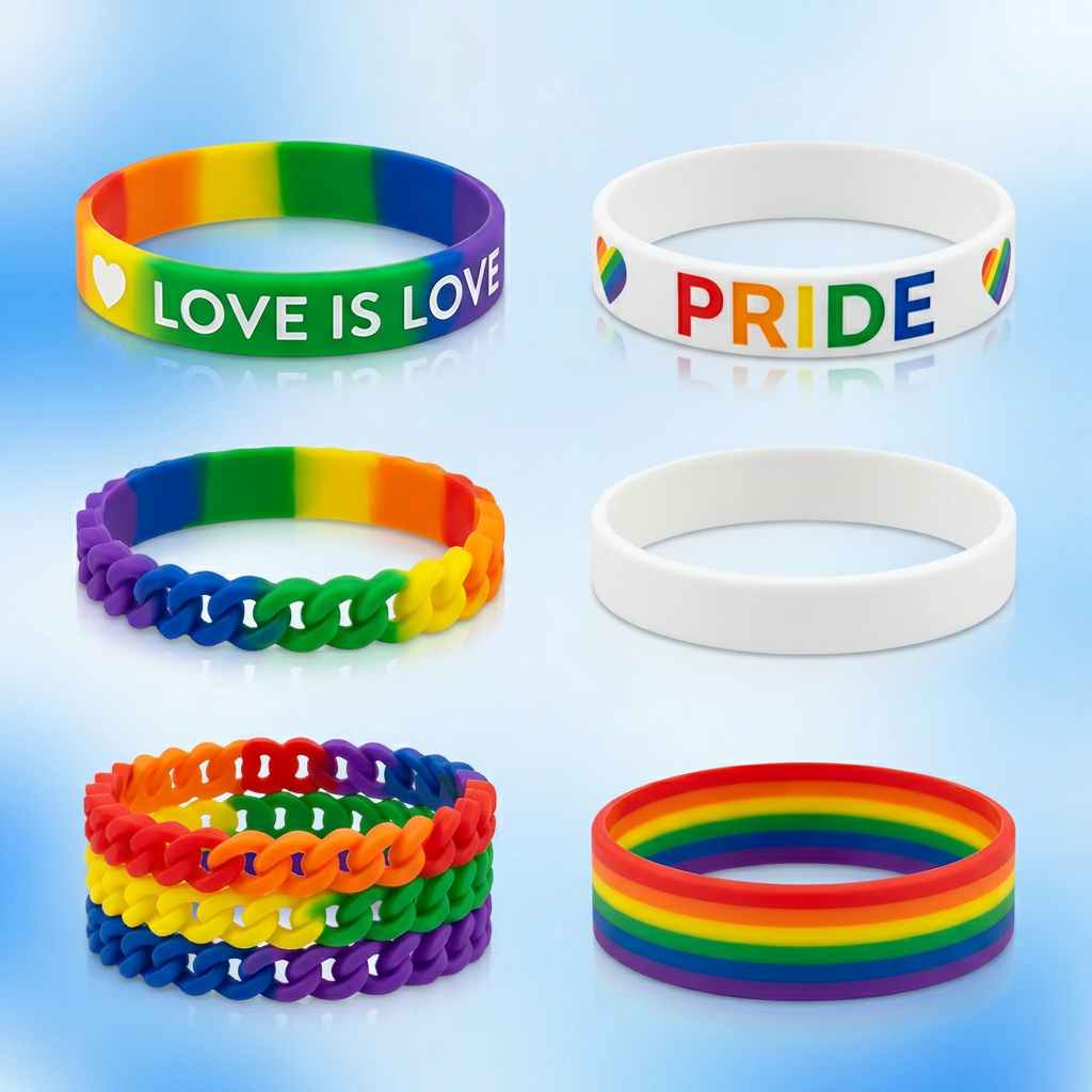 Wholesale Custom Pride Rainbow Silicone Bracelet — 6 Styles LGBTQ+ Silicone Wristband Set with Debossed 