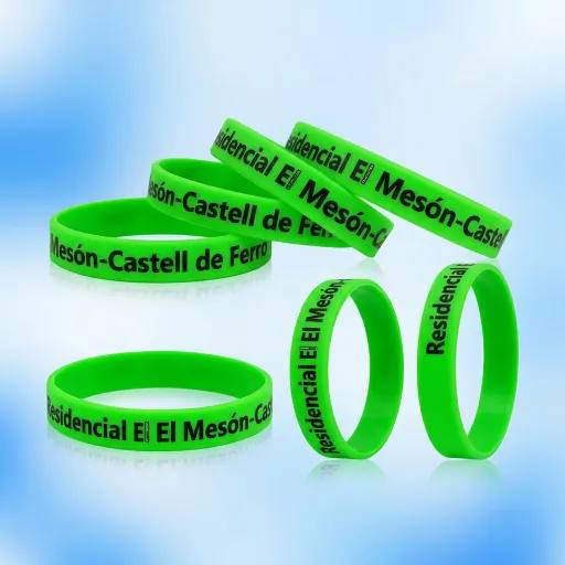 Custom Printed Silicone Wristband — Fluorescent Green Debossed Logo Wristband for Residencial El Mesón Castell de Ferro, Promotional Branded Silicone Bracelet for Real Estate, Resorts & Hospitality, W