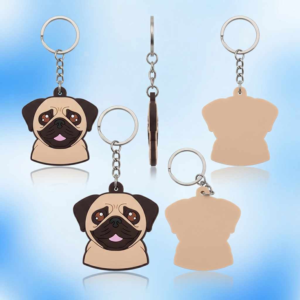 Wholesale Custom Pug PVC Keychain — Cute Cartoon Pug Dog Head Rubber Keyring for Pet Lovers, Dog Breed Merch & Animal Rescue Fundraising