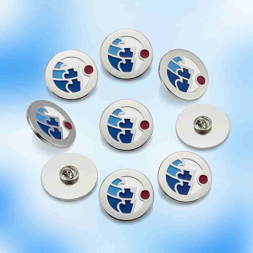 Wholesale Custom Enamel Lapel Pin — Blue Puzzle Piece Awareness Brooch with Red Accent Dot, Polished Silver Metal Border, Butterfly Clutch Backing for Autism Awareness Event, Fundraising Campaign & Ch