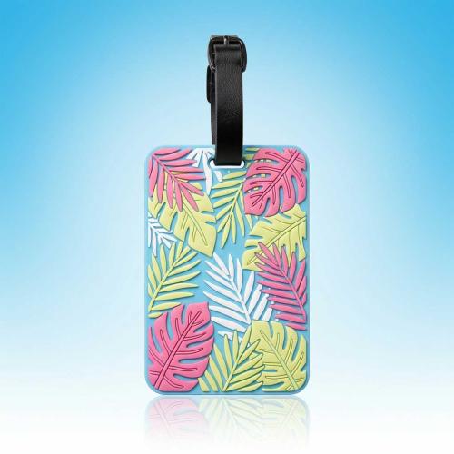 Custom PVC Silicone Luggage Tag — Sky Blue Tropical Embossed Leaves