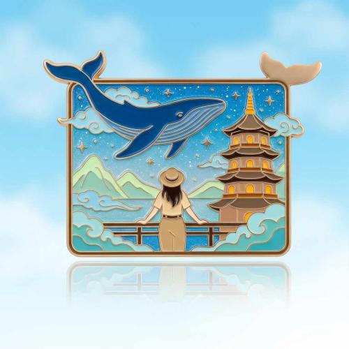 Dreamscape Whale Pagoda Enamel Fridge Magnet — 3D Gold-Plated Zodiac Enamel Magnet with Flying Whale & Starry Pagoda Scene, Creative Asian Decorative Magnet for Home Kitchen Refrigerator