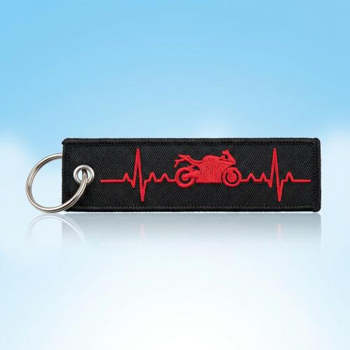 Wholesale Custom Embroidered Fabric EKG Motorcycle Keychain — Black & Red Racing Heartbeat Design Key Ring for Motorcycle Enthusiasts, Gifts & Brand Merchandise