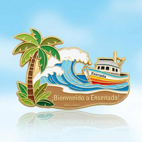 Wholesale Custom Ensenada Mexico Souvenir Enamel Fridge Magnet — Gold-Trimmed Zinc Alloy Magnet with Palm Tree, Fishing Boat & 