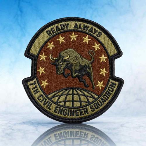 Embroidered Patch — Shield Shape with Charging Bull & 