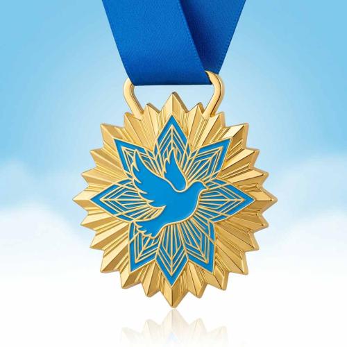 Custom Metal Peace Dove Medal — Royal Blue Ribbon, Enamel Filled, Commemorative Award for Peace Events & Ceremonies