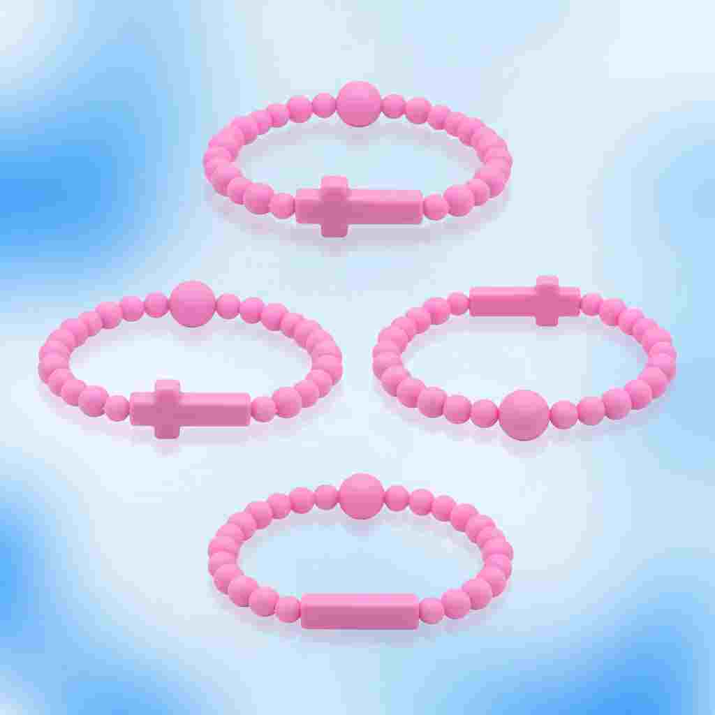 Wholesale Custom Pink Silicone Cross Beaded Bracelet — Baby Chewable Teething Bracelet with Cross Charm for Moms, Faith-Inspired Accessories & Baby Shower Gifts