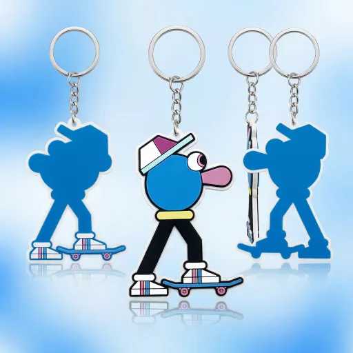 Wholesale Custom Skateboard Cartoon PVC Keychain — 3D Soft Rubber Blue Skateboarding Boy Key Ring, Cute Street Culture Charm for Backpacks, Promotional Gifts & Brand Merchandise